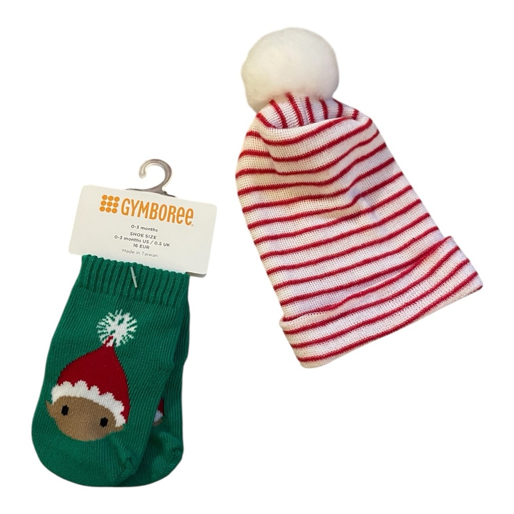 Gymboree Red and White Striped Hat with Green Holiday Socks